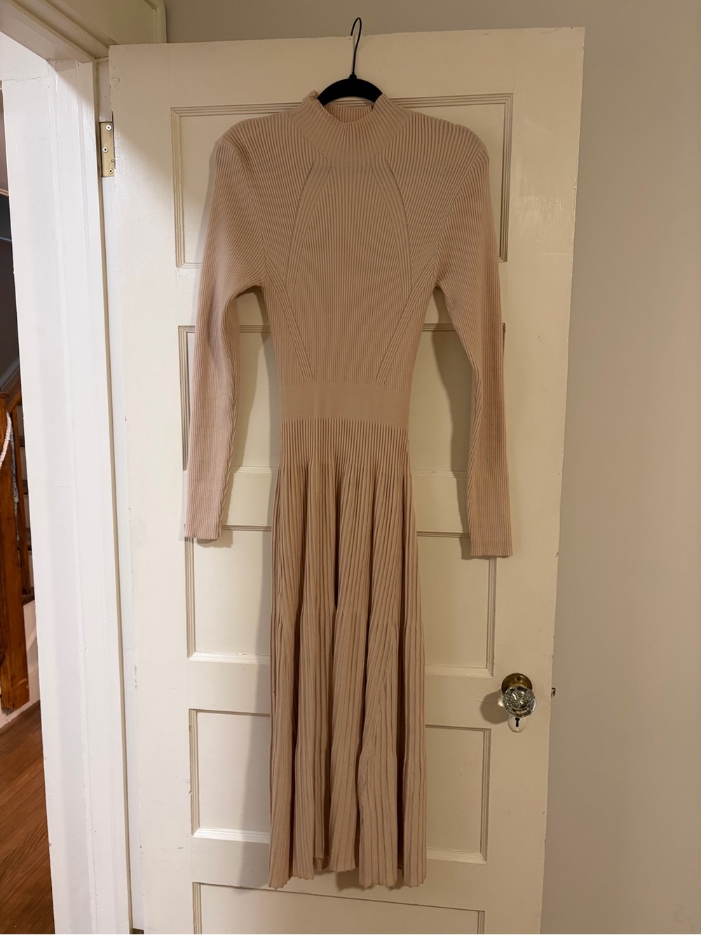 Flying Tomato Long Sleeve Ribbed Sweater Midi Dress in Beige